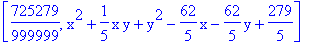 [725279/999999, x^2+1/5*x*y+y^2-62/5*x-62/5*y+279/5]